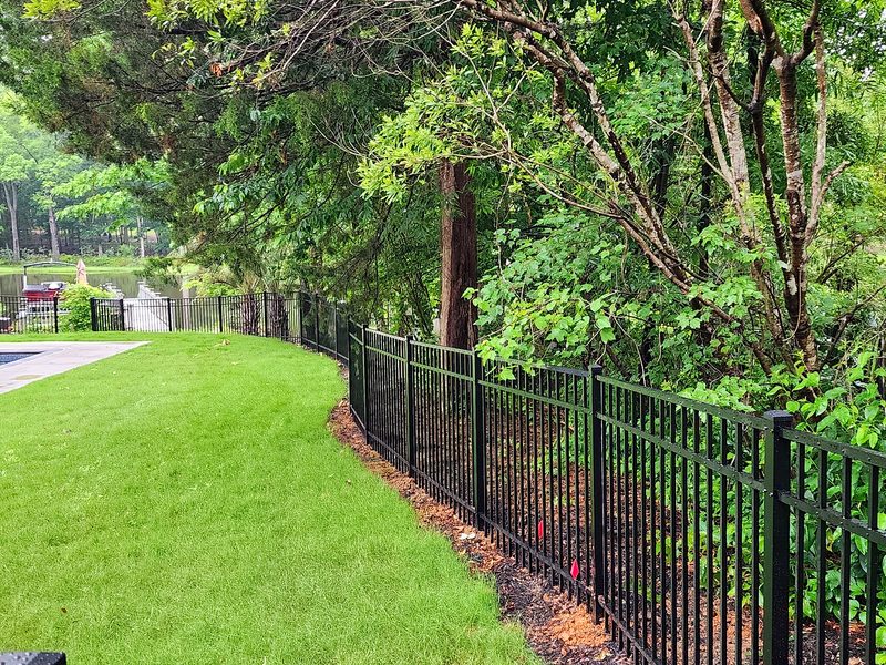 Black aluminum fence curving around a lawn with a pool behind it in Lexington, SC