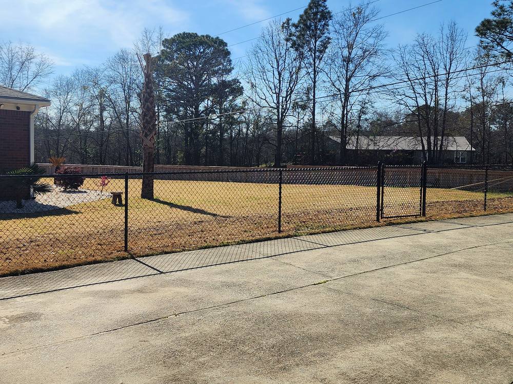 Black chain link fence and gate along a concrete driveway in the Midlands of South Carolina
