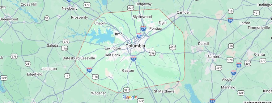 Map of the Supreme Site Services service area around Columbia and Lexington, SC