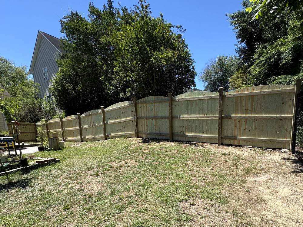 New wood privacy fence with a scalloped top along a backyard in the Midlands of South Carolina